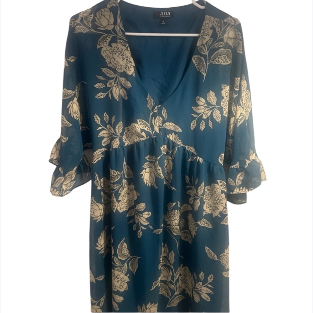 ana dress size M‎ blue floral empire waist ruffled sleeve v neck lin